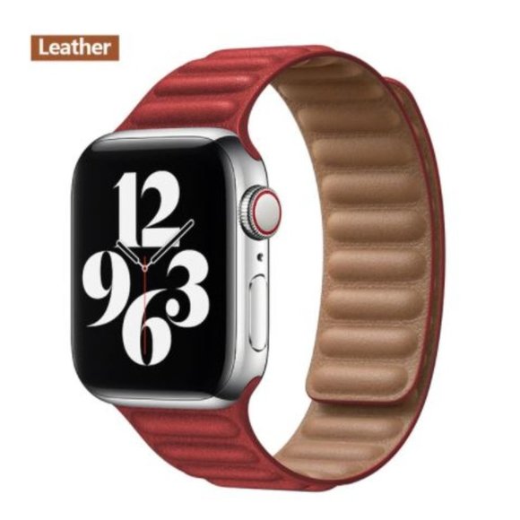 NEW[BAND] Red Leather Magnetic For Apple Watch - Picture 1 of 3